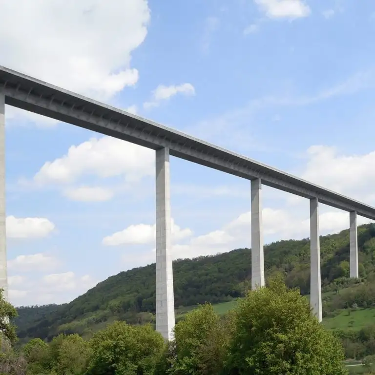 Talbrücke mit hohen Betonpfeilern vor bewaldetem Hang.