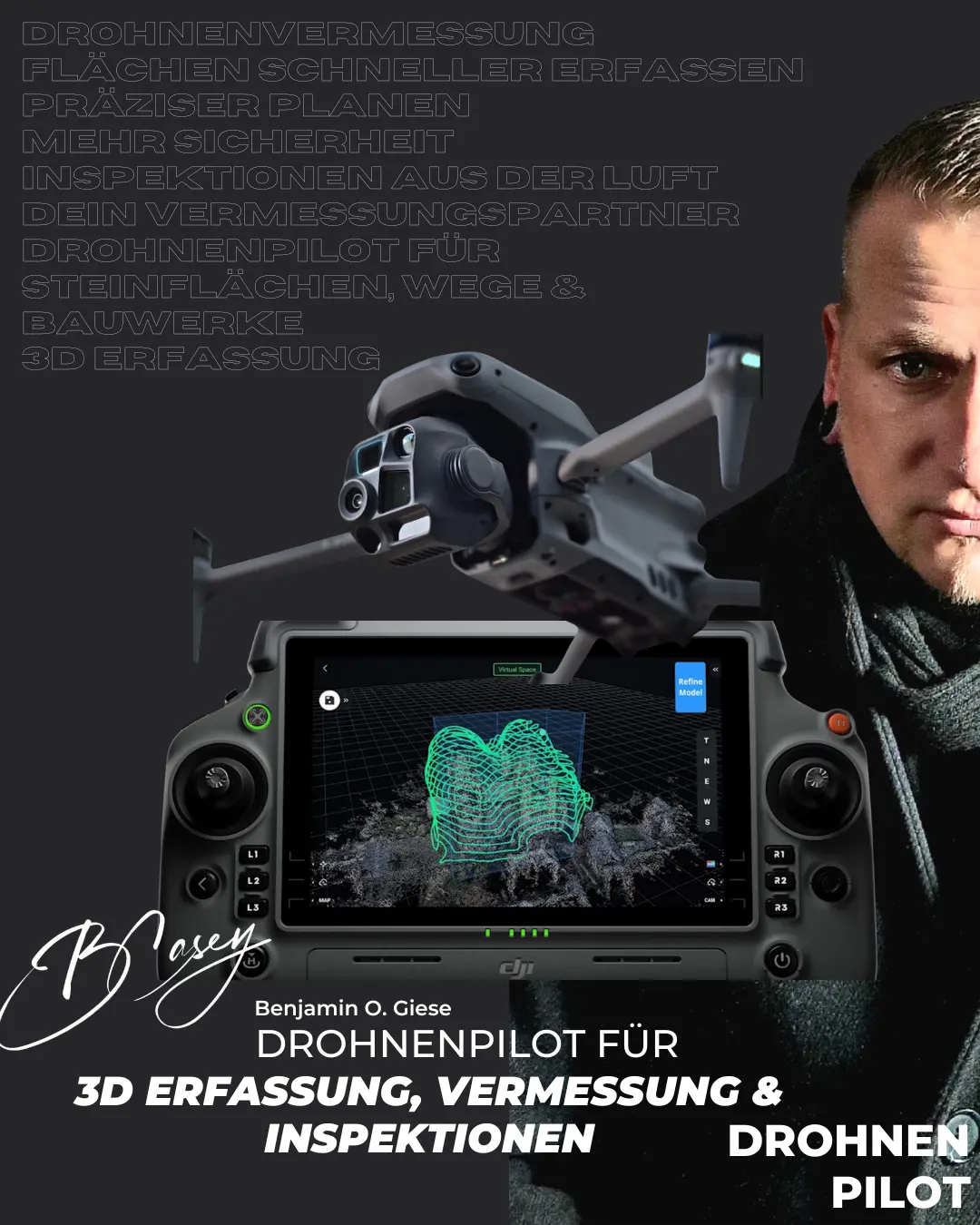 Benjamin O. Giese mit Fernsteuerung und Bildschirm einer Vermessungsdrohne.