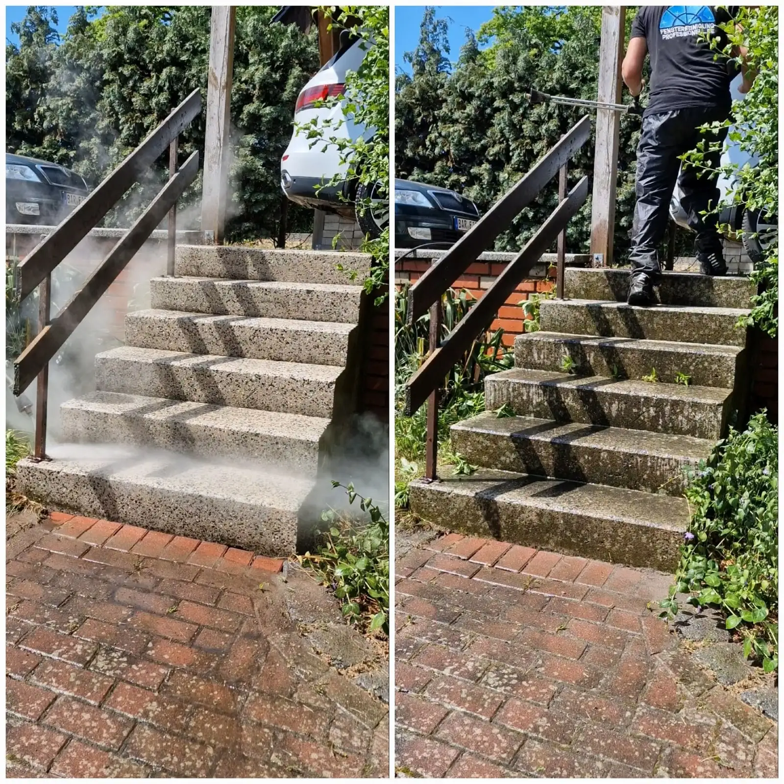 Zwei Aufnahmen derselben Außentreppe: links während der Heißwasserreinigung mit sichtbarem Dampf, rechts die fertig bearbeitete Treppe.